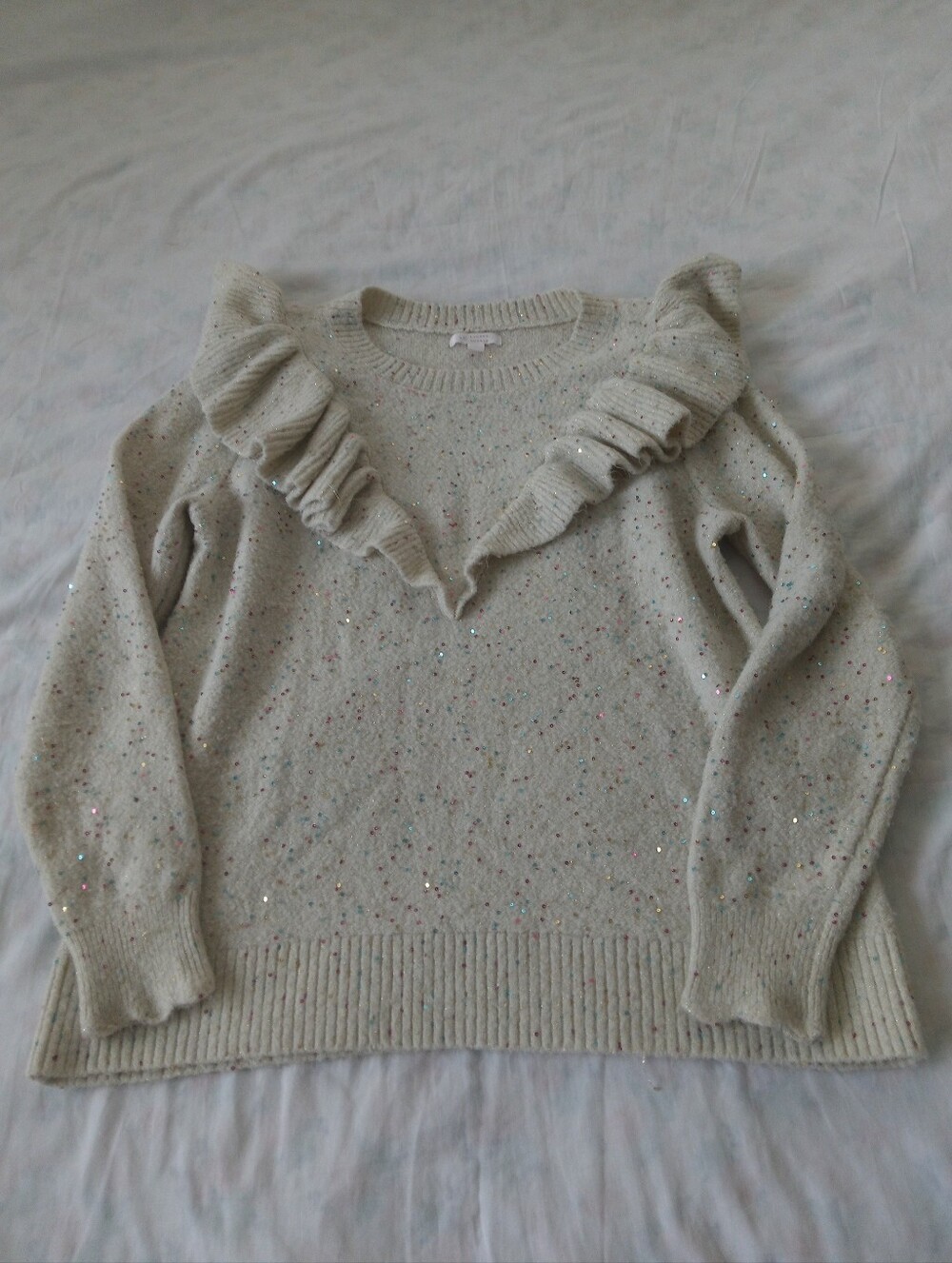 LC Lauren Conrad Cream Ruffle Speckled Crewneck Sweater